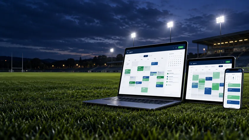PitchScheduler sports facility scheduling concept shown beside a pitch